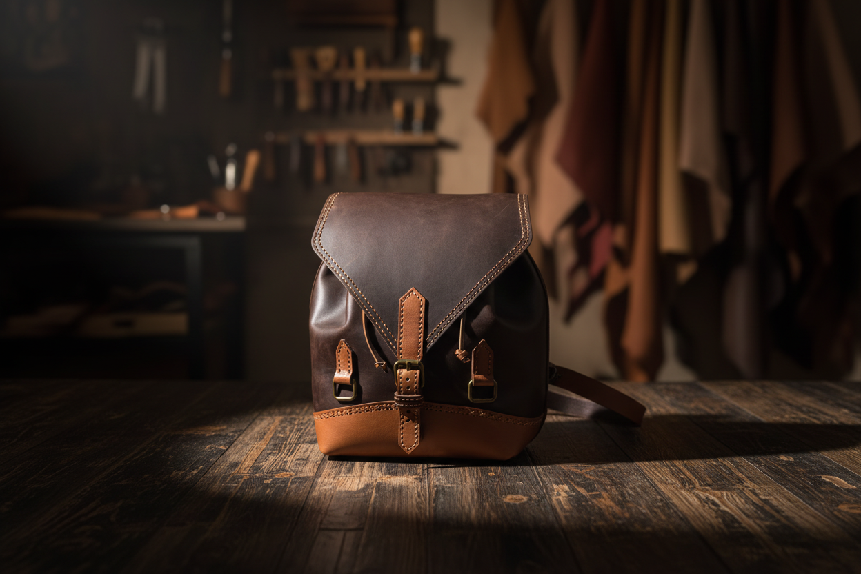 Véra/Origin kahverengi hakiki deri büzgülü sırt çantası - el yapımı crazy horse deri, ikonik kemer toka detaylı. Önden görünüm