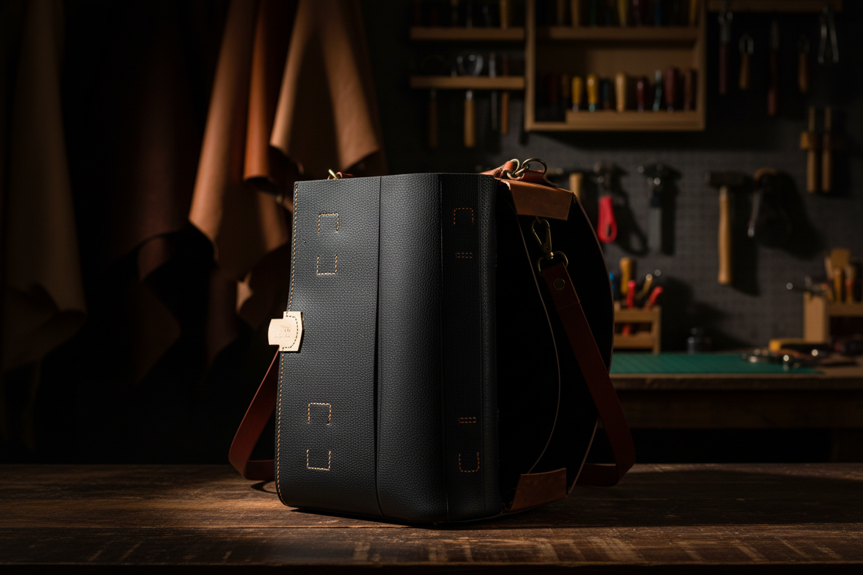 Véra/Atlas deri postacı çantası detay - el yapımı dikiş ve ayarlanabilir omuz askısı. İç görünüm