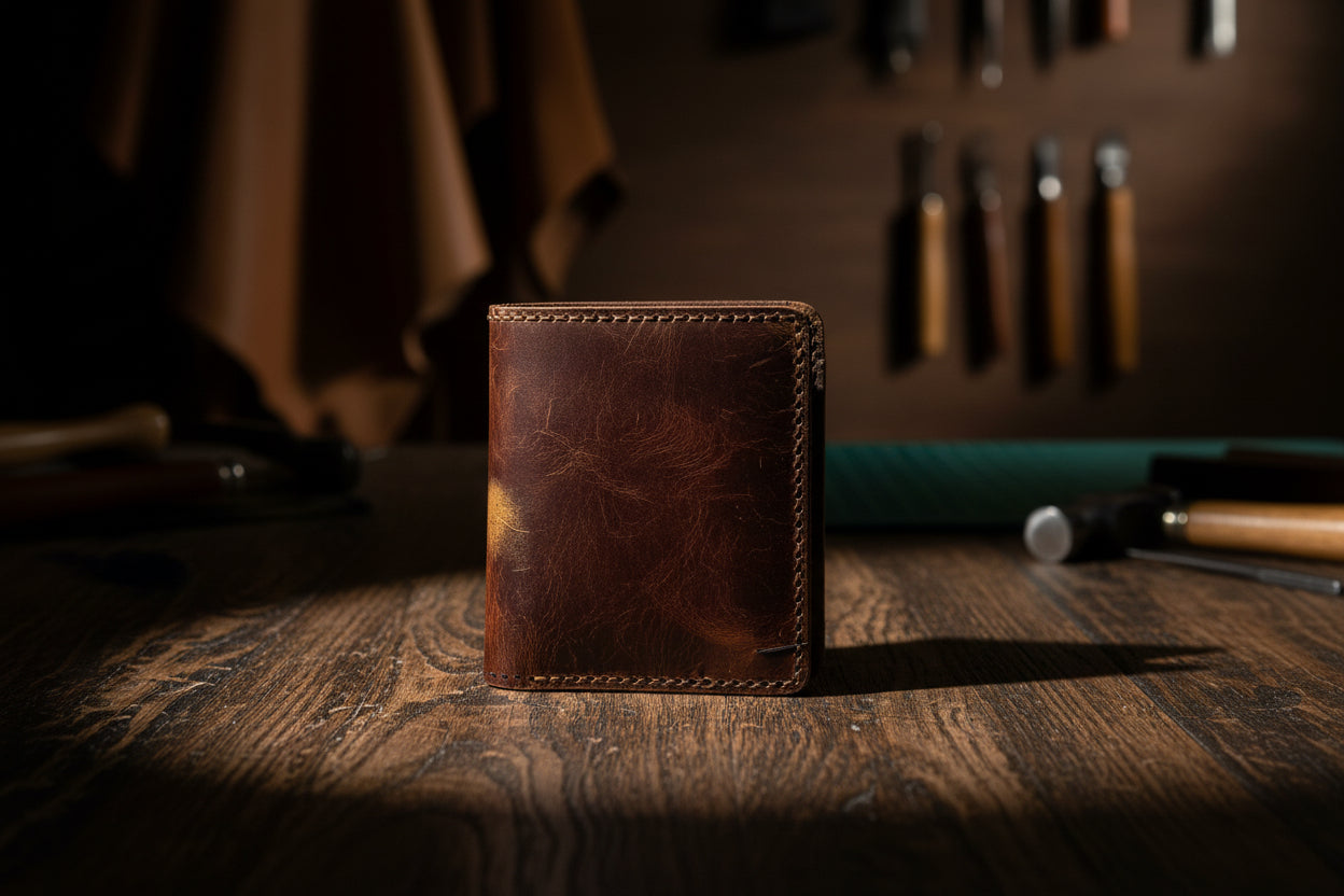 Véra/Core kahverengi hakiki deri cüzdan ön görünüm - minimalist tasarım, crazy horse deri.