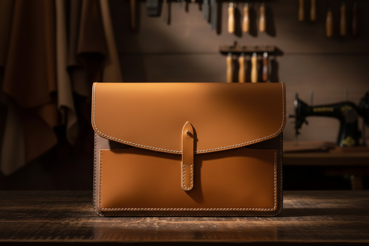 Véra Form kahverengi hakiki deri MacBook çantası ön görünüm - minimalist tasarım.