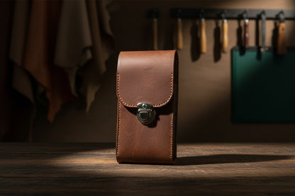 Véra/Jour kahverengi hakiki deri telefon çantası ön görünüm - metal basmalı kilit, minimalist tasarım.