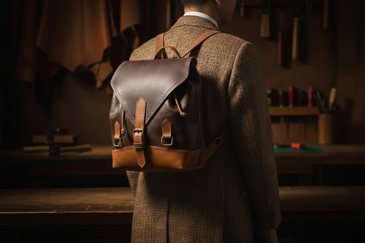 Véra/Origin deri sırt çantası detay görünümü - geleneksel el dikişi ve ergonomik askı sistemi. Önden ve insan üzerinden görünüm