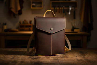 Véra/Route kahverengi hakiki deri postacı çantası ön görünüm - dikey form, çıtçıtlı kapak. Önden görünüm