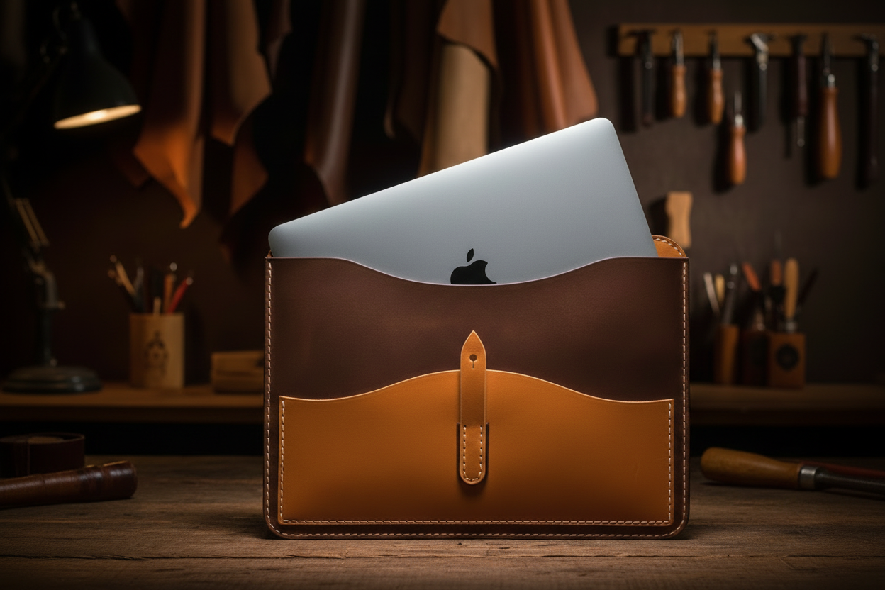 Véra Form deri MacBook çantası detay - el yapımı dikiş ve koruyucu iç astar. Önden ve ürün içine konarken görüntü.