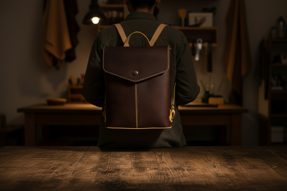 Véra/Route deri postacı çantası detay - ayarlanabilir omuz askısı ve renk kontrastı. Önden ve insan üzerinden görüntü.