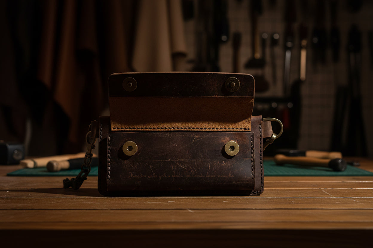 Véra/Sign deri çanta detay - el yapımı saraç dikişi ve vintage metal aksesuarlar. arka görünüm açık şekilde